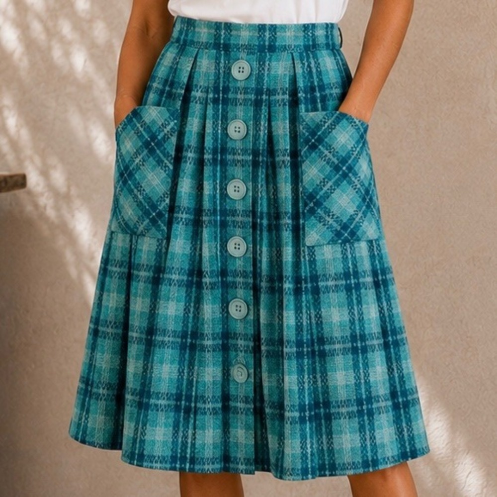 Majestic Vintage Teal Blue Plaid Button Front A-Line Skirt with Pockets Medium